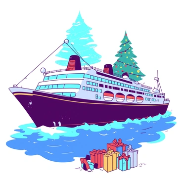 A large cruise ship is adorned with vibrant Christmas decorations and colorful lights, glimmering against the backdrop of the ocean. The ship's deck features a tall Christmas tree decorated with ornaments and glowing fairy lights. There are wreaths adorned with red bows hanging on the ship’s railings. Below the tree, neatly wrapped presents in various sizes are placed on the deck, adding to the festive atmosphere. The ocean is calm, reflecting the shimmering lights from the cruise ship, creating a beautiful scene.