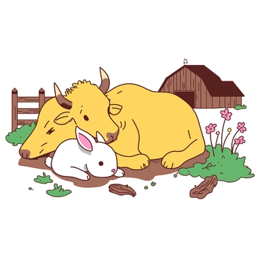 A yellow two-headed calf is lying down in a cozy farm setting made from rustic wooden planks. The calf has soft, velvety fur and is gently nuzzling a fluffy white bunny that is nestled comfortably against its side. The bunny's ears are perked up, and its small nose is twitching as it enjoys the warmth of the calf. Surrounding them are patches of green grass and a few colorful wildflowers peeking through the soil. In the background, there is a wooden fence and a small barn, adding to the serene atmosphere of the farm.