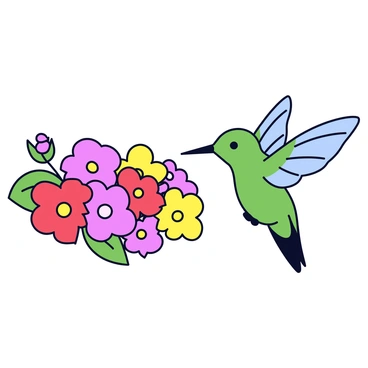 A tiny hummingbird with iridescent green feathers is hovering near a perch. The perch is decorated with a variety of vibrant flowers in shades of pink, red, and yellow. The flowers have delicate petals and green leaves that frame the scene. The hummingbird's wings are a blur as it flaps rapidly, poised to drink nectar from one of the blossoms.
