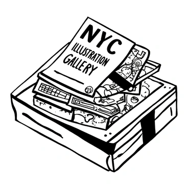 A stack of flyers with intricate designs featuring various illustrations, neatly arranged on a wooden table. The top flyer prominently displays the words "NYC Illustration Gallery" in bold text. The flyers showcase a variety of artistic styles, with each design having unique patterns and details. The table has a textured surface, adding depth to the scene. A few flyers are slightly fanned out, revealing the details of the illustration on their backs.