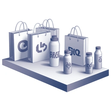 A table is covered with a variety of branded giveaway items. Several tote bags are arranged neatly, showcasing their distinct logos and designs. Next to the bags, multiple water bottles are placed, each featuring unique branding that contrasts against their sleek surfaces. The items vary in size and shape, creating an appealing display. Shadows fall softly across the table, adding depth to the arrangement.