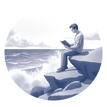 A figure of a man sits on a rock at the edge of a seaside cliff. He has a focused expression as he sketches in a notebook. The waves are crashing forcefully against the rocky shore, sending sprays of water into the air. The scene captures the intensity of the ocean, with the frothy white water contrasting against the dark rocks. In the background, the horizon meets the sky, where clouds loom overhead, adding drama to the setting. The man is dressed in casual clothing, with his hair tousled by the sea breeze, fully immersed in his creative process.