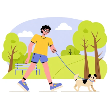 A cartoon girl with curly brown hair and large round glasses is walking a playful dog in the park. The girl is wearing a bright yellow t-shirt and blue shorts, and she has a cheerful expression on her face. The dog, a small fluffy terrier with a wagging tail, is happily pulling on the leash. Around them, there are green trees with thick trunks and a blue sky with fluffy white clouds. In the background, a few park benches and a path winding through the grass can be seen.