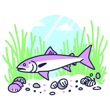 A barracuda is swimming through its natural habitat, which is filled with lush sea grasses swaying gently in the water. The barracuda has a sleek, elongated body and sharp teeth, gliding effortlessly among the vegetation. Around it, various shells are scattered on the sandy ocean floor, some partially buried in the substrate. Sunlight penetrates the water, creating patterns on the seabed and illuminating the scene.