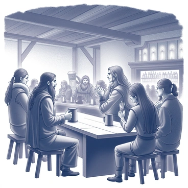 A large, rustic tavern filled with an assortment of travelers and patrons. In the center, a tall figure, "Boromir," sits at a wooden table surrounded by several people. He has long hair and wears a rugged cloak. He is animatedly gesturing with one hand as he shares tales of adventure, while the other hand rests on a large tankard. The travelers around him are diverse, including a dwarven warrior and an elven archer, all listening intently. The atmosphere is lively, with wooden beams overhead and flickering candlelight casting shadows on the walls. In the background, a bartender serves drinks to customers at the bar.