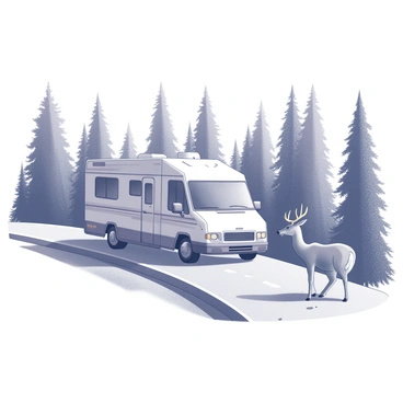 An RV is parked on the side of a winding road. The vehicle has a sleek design, with windows reflecting the surrounding scenery. Nearby, a curious deer stands in a clearing at the edge of a dense forest. The deer has a light, delicate frame and large, attentive eyes, and it looks intently towards the RV. The forest in the background is filled with tall trees, their trunks appearing sturdy and textured. The ground is dotted with patches of grass and fallen leaves, completing the natural setting.