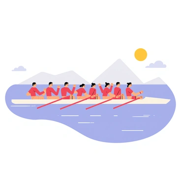 A rowing team consisting of eight athletes in matching red uniforms, their oars slicing through the surface of calm blue waters. Each rower maintains a focused expression as they synchronize their movements, creating a seamless rhythm. In the background, gentle ripples form behind the boat, while a clear sky reflects on the water's surface. The sun casts soft light, highlighting the team's determination and teamwork. The boat is sleek and narrow, crafted for speed, and the scene captures the essence of unity in sport.