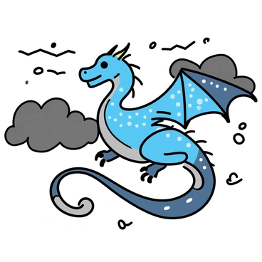 A large dragon with shimmering scales in shades of deep blue and silver, soaring through turbulent storm clouds. The dragon has large, outstretched wings with intricate patterns on them, capturing the light as it flies. Lightning arcs across the sky, illuminating the dragon's fierce expression and the sharp claws extending from its powerful limbs. Dark clouds swirl around the dragon, accentuating its commanding presence in the stormy atmosphere.