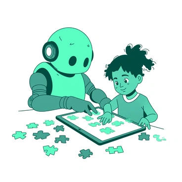 A teal robot with a friendly expression is sitting next to a child who is focused on a white tablet. The robot's metallic arms are positioned in a way that suggests it is pointing at the screen, guiding the child through the puzzle. The child, a young girl with curly hair, has a look of concentration on her face as she taps on the tablet. They are surrounded by colorful puzzle pieces scattered across a white table, adding to the playful atmosphere of the scene.