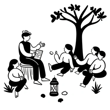 A local storyteller seated on a wooden stool holds an open book in one hand, gesturing with the other as he relates an ancient tale. Surrounding him are a group of children, all sitting cross-legged on the ground, their faces illuminated by the warm glow of a lantern placed on the ground. The lantern features intricate designs casting playful shadows on the ground. Tall grass and a few scattered stones create a natural setting around them. Behind the storyteller, a large tree stands, its branches reaching out, adding to the enchanting atmosphere of the storytelling session.