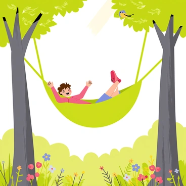 A person with tousled brown hair waking up in a green hammock strung between two tall, sturdy trees. The person is stretching their arms and smiling, feeling refreshed. Sunlight filters through the dense foliage above, casting dappled patterns on the ground. Surrounding the hammock, the vibrant forest is filled with various shades of green, and colorful wildflowers dot the landscape. Birds can be seen perched on branches, chirping cheerfully, while a soft breeze rustles the leaves, enhancing the peaceful atmosphere.