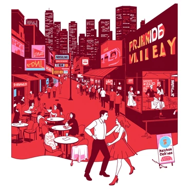 A red city skyline is illuminated by colorful neon lights in Brisbane's Fortitude Valley. Streets are bustling with lively crowds dressed in various outfits, enjoying the nightlife. Tables are set outside cafes and bars, where groups of people are engaged in animated conversations. Colorful signs in different shapes and sizes are visible, enhancing the vibrant atmosphere. A couple is seen dancing near a stage where a band is performing, adding to the energetic feel of the scene.