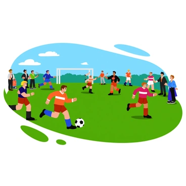 A football match taking place on a grassy field. The players are wearing vintage uniforms, which include long-sleeved shirts with bold stripes and knee-length shorts. Some players are wearing leather boots, while others have on knee-high socks. The scene captures players running energetically, with a soccer ball being kicked towards the goal. Spectators in period attire are gathered on the sidelines, watching intently. The sky is clear with a few fluffy clouds, adding a sense of activity to the atmosphere. The overall color palette has warm, brown tones to evoke a historical feel.