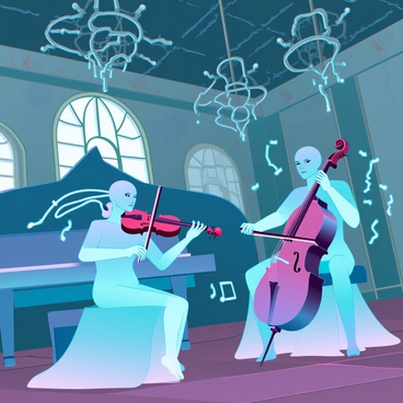 A ghostly orchestra composed of translucent musicians, each with ethereal features, occupies a dusty, abandoned ballroom. The violinist has flowing strands that float around as they play, while a cellist with a skeletal hand expertly draws their bow across the strings. The room is adorned with cracked chandeliers, cobwebs hanging from the ceiling, and faded, ornate wallpaper peeling away. Ghostly notes emanate from the instruments, swirling in the air like wisps of smoke. In the background, a grand piano sits silently, cloaked in dust, while the moonlight filters through shattered windows, casting eerie shadows on the floor.