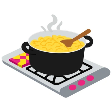 A large black pot filled with boiling pasta on a silver stove. The pot has a glossy finish and is slightly tilted, showing the swirling pasta inside. Steam is rising from the pot, creating a wispy cloud above it. The stove has four burners, with the other burners displaying bright red knobs. There is a wooden spoon resting on the edge of the pot, and the kitchen counter is visible in the background, adorned with a colorful checkered towel.