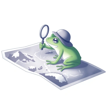 A green frog is positioned on a large, unfolded map spread out before it. The frog is wearing a tiny explorer hat, which sits snugly atop its head. In its webbed hand, it holds a magnifying glass, hovering it above a specific area of the map. The map displays intricate details such as islands, mountains, and pathways, enhancing the adventurous theme. The frog has a focused expression, as if it is examining the map closely, ready for exploration.