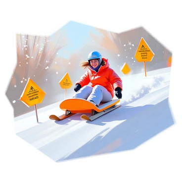 A person in a bright red winter jacket is sliding down a snowy hill on a sled. The hill is covered in a thick layer of fresh, white snow, and the trees in the background are dusted with snowflakes. Various colorful warning signs are placed along the sides of the hill, each displaying phrases like "Beware of unexpected twists!" and "Improbable consequences ahead!" The person is laughing, their hair flying in the wind, as they enjoy the thrill of the ride. Snow is being kicked up behind the sled, creating a dynamic sense of movement in the scene.