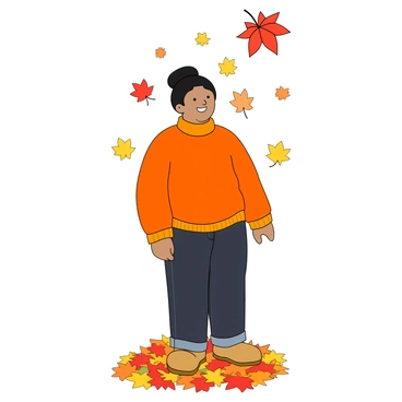 A person with a hair bun surrounded by falling autumn leaves