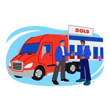 A dealership owner and a customer are engaged in a successful handshake in front of a large, shiny truck. The truck is a vibrant red color with chrome details, parked prominently. The dealership owner, dressed in a smart blue suit, has a broad smile and is extending his hand confidently. The customer, wearing casual attire with a baseball cap, looks pleased with the transaction. Behind them, the dealership is visible with banners displaying "Sold" in bold letters. The scene conveys a sense of accomplishment and satisfaction.