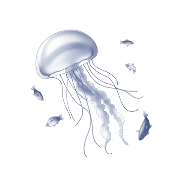A jellyfish floating gracefully in the ocean waters. The jellyfish has a translucent body, with long, trailing tentacles extending beneath it. Surrounding the jellyfish are several small fish, swimming in close proximity. The fish exhibit various shapes and sizes, some darting playfully while others hover near the jellyfish. The overall scene captures the gentle movement of the water, creating a sense of tranquility and life beneath the surface. The jellyfish emits a soft glow, illuminating its immediate surroundings and casting delicate shadows on the ocean floor.