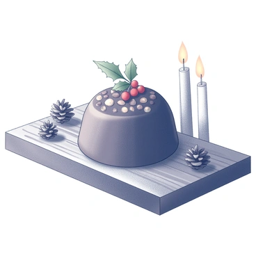 A traditional Christmas pudding placed prominently on a wooden table. The pudding is round and has a rich texture, showcasing a mixture of dried fruits and nuts. On top of the pudding, there is a sprig of holly with bright red berries, adding a festive touch. The table surface has a rustic finish, with visible grain patterns. Surrounding the pudding are small decorative elements, such as a few scattered pinecones and a few flickering candles in the background, enhancing the holiday atmosphere.