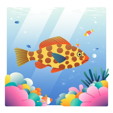 A large grouper with striking patterns and hues is swimming gracefully through a vibrant coral reef. The coral formations are rich in colors, including bright pinks, yellows, and blues, providing a stunning backdrop. Schools of small, colorful fish in shades of orange, blue, and green dart among the corals, creating a lively scene. Sunlight filters through the water, casting gentle reflections on the reef and illuminating the underwater world.