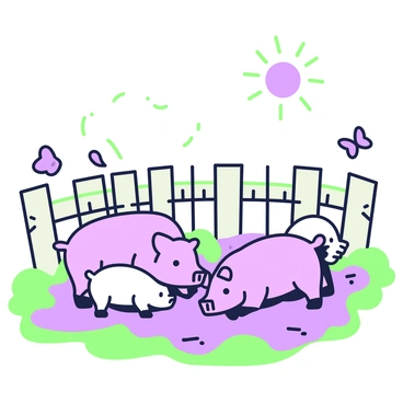 A group of pigs is frolicking in a muddy pen. The pigs vary in size; some are small with round bodies, while others are larger with longer snouts. They are playfully rolling in the mud, creating splashes as they move. The pen is surrounded by a wooden fence, and patches of grass are visible around the edges. Above, a bright sun is shining, casting shadows of the pigs on the ground. A few butterflies flutter nearby, adding to the lively atmosphere of the scene.
