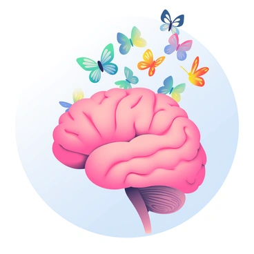 A brain with colorful butterflies flying out from it