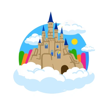 A grand castle with tall spires and intricate stonework sits majestically atop fluffy white clouds. The castle features large stained glass windows that reflect vibrant colors. Surrounding the castle are skies filled with swirling rainbow hues, including reds, blues, greens, and yellows. Soft, wispy clouds drift lazily around the base of the castle, adding to the ethereal scene. Bright sunlight illuminates the castle, casting colorful shadows on the clouds below.