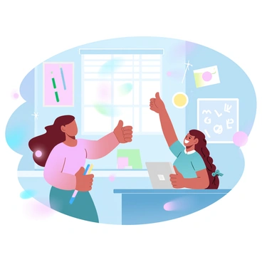 A teacher with short hair is standing beside a desk, extending one hand to give a thumbs-up to a student sitting down. The teacher is wearing a brightly colored sweater. The student, a young girl with braided hair, is smiling and looking up at the teacher while holding a colorful notebook. The classroom is filled with vibrant decorations, including posters of the alphabet and a bulletin board with various student art projects. A window lets in sunlight that creates a warm atmosphere filled with pastel colors.
