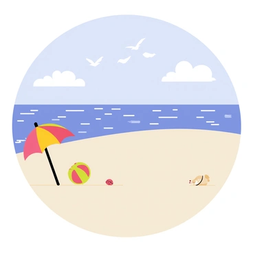 A seaside vista with a wide sandy beach extending towards the horizon. The ocean features clear blue water with soft waves gently crashing against the shore. In the background, there are fluffy white clouds scattered across a bright blue sky. Seagulls are flying above the water, and a few seashells are scattered on the sand. A colorful beach umbrella is positioned near the water's edge, alongside a small beach ball.