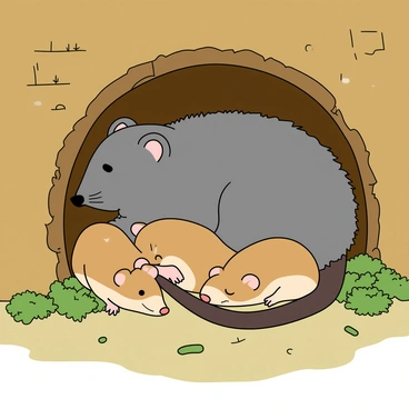 A fluffy mother shrew with soft gray fur is nestled in a cozy burrow, surrounded by her tiny baby shrews. The burrow is lined with soft moss and small twigs, creating a warm nest. The baby shrews, each no larger than a thumb, have light brown fur and small, round ears. They are snuggled closely against their mother's side, with their tiny eyes closed in a peaceful sleep. Sunlight filters into the burrow through a small entrance, casting gentle shadows on the walls made of packed earth. The mother shrew's small nose twitches as she keeps a watchful eye on her babies, providing a sense of safety and warmth.