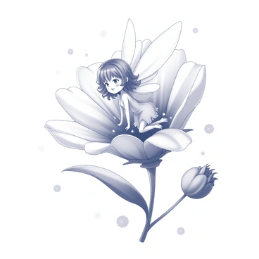 A tiny fairy with delicate wings is resting on a single petal of a cornflower. The fairy has intricate features and wears a dress made of soft, natural materials. Around her, there are numerous small sparkles or glimmers, creating a whimsical atmosphere. The cornflower petal is prominently displayed, showcasing its shape and texture. The background is filled with soft outlines of other flowers and leaves, enhancing the fairy's serene setting.