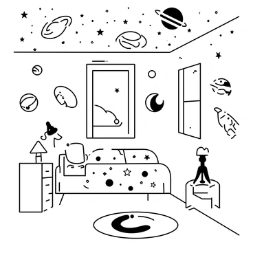 A child's bedroom is filled with furniture and decorations related to a space theme. The walls are adorned with murals of various planets, rockets, and comets. Above, the ceiling is painted with numerous stars and planets, creating a cosmic atmosphere. A bed is positioned against one wall, covered with a comforter that features images of spacecraft. A nightstand next to the bed holds a small lamp shaped like a moon. A rug on the floor depicts a galaxy. An open window allows light to filter in, illuminating the playful environment.