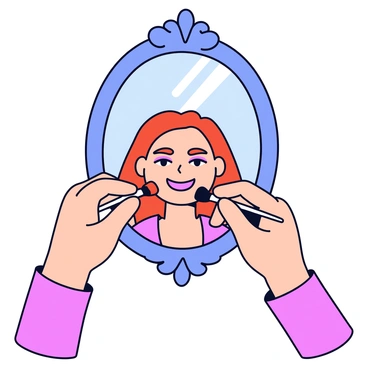 A mirror with an ornate, decorative frame is centered in the image. In front of the mirror, there are two human thumbs, one on each side, both holding makeup brushes. The thumbs are applying makeup to a face that is reflected in the mirror. The face has a bright smile and is adorned with colorful eyeshadow and lipstick. The background is simple and clean, emphasizing the focus on the thumbs and the makeup application.