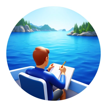 An illustrator sitting on a ferry, focused on sketching. The ferry is surrounded by blue waters with gentle waves. In the background, there are several Vancouver islands, featuring lush green forests and rocky coastlines. The illustrator has a sketchbook open on their lap, with pencil in hand. Sunlight reflects off the water, creating dynamic highlights.