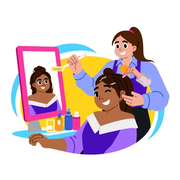 A hairstylist is carefully styling a complex updo hairstyle. The stylist has long, dark hair tied back and is using a variety of tools, including bobby pins and a comb. The updo features intricate twists and loops, with some strands elegantly falling around the model's face. The model has a glowing complexion and is wearing a chic outfit. A mirror reflects the detailed process, and various hair products are placed on a nearby table for easy access. The setting is a bright salon with modern decorations.