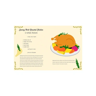 A magazine page featuring a gourmet recipe with a clean layout. The background is light and neutral to emphasize the recipe. The title of the recipe is prominently displayed at the top in elegant font, reading "Savory Herb-Roasted Chicken". Below the title, a detailed list of ingredients is arranged neatly, including "1 whole chicken", "2 tablespoons olive oil", "1 tablespoon fresh rosemary", "1 tablespoon fresh thyme", "1 lemon", and "salt and pepper to taste". 

An image of the completed dish is featured on the right side, showcasing a golden-brown chicken surrounded by colorful roasted vegetables like carrots, potatoes, and bell peppers. The chicken is garnished with sprigs of fresh herbs. The bottom of the page includes step-by-step cooking instructions in clear, legible text, guiding the reader through the preparation process. Decorative borders and small illustrations of herbs enhance the visual appeal of the page.