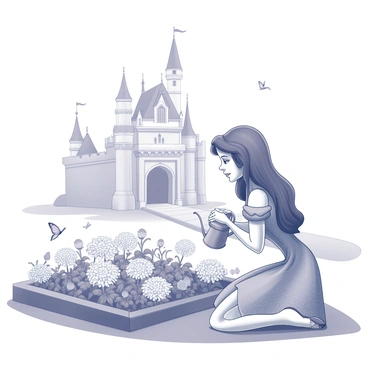 A Disney princess is tending to her garden in a castle courtyard. She is kneeling beside a variety of flowers, including roses and daisies, while holding a small watering can. The princess has long, flowing hair and is wearing an elegant gown adorned with intricate patterns. Surrounding her are neatly arranged flower beds, with a stone path leading to the castle entrance in the background. The castle features tall, pointed towers and decorative stonework. There are butterflies fluttering around the flowers, and a few birds are perched on the castle walls.