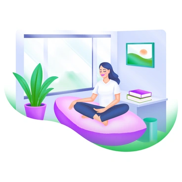 A modern pastel illustration depicting an employee sitting cross-legged on a soft, pastel-colored cushion in a quiet corner of an office. The employee has closed eyes and a serene expression, with hands resting on their knees. Surrounding them are potted plants with lush green leaves, softly diffused sunlight filtering through a window, and a small stack of books nearby. On the wall, there is a framed picture of a tranquil landscape, enhancing the peaceful atmosphere of the scene.