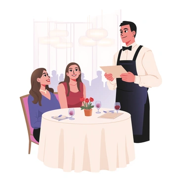 A waiter stands at a table in a fancy restaurant, presenting a folded bill to a couple. The waiter is wearing a crisp white shirt and a black bow tie, with a black apron. The couple is seated at a round table adorned with a white tablecloth and elegant silver cutlery. The man has dark hair and is dressed in a navy suit, while the woman has long, wavy brown hair and is wearing a stylish red dress. They are both smiling, with the man leaning slightly forward, engaged in conversation. A small vase with red roses sits at the center of the table, next to an open menu and a pair of wine glasses. The background shows softly lit chandeliers and other dining guests enjoying their meals.