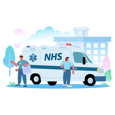 An NHS ambulance is parked outside a hospital, displaying the recognizable emblem and vivid colors of the service. The ambulance is equipped with emergency lights and symbols indicating its medical purpose. Two paramedics in uniforms are standing beside the ambulance, prepared and poised for action, one is holding a medical bag and the other is checking equipment. The hospital building is in the background, featuring large windows and a clear entrance. A few trees and greenery are visible nearby, adding to the scene's context.