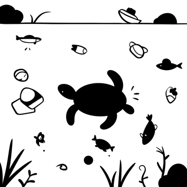 A turtle swimming gracefully in the water, surrounded by various fish darting around. The water is filled with floating debris and plastic waste, giving a clear indication of pollution. The silhouette of the animals contrasts against the murky water, with darker shapes of litter visible in the background. A few plants struggle to survive, peeking through the surface, adding to the scene's complexity.