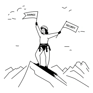 A mountain climber stands triumphantly at the summit of a rugged mountain peak. The climber is wearing a helmet and climbing gear, with a determined expression on their face. In one hand, they hold a flag that reads "Savings," while the other hand raises a flag that says "Security." The flags are prominently displayed, flapping in the wind. The background features a dramatic sky filled with clouds, and the mountain range stretches out into the distance.