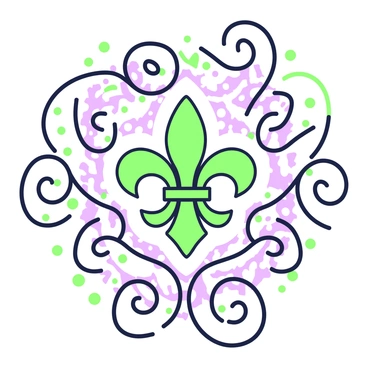 A poster featuring a central "fleur-de-lis" motif surrounded by intricate, flowing lines. The lines curve elegantly around the motif, creating a sense of movement and harmony. The background is filled with decorative patterns that complement the central design. The overall composition is balanced, emphasizing the central "fleur-de-lis" while showcasing the graceful lines that enhance its beauty.