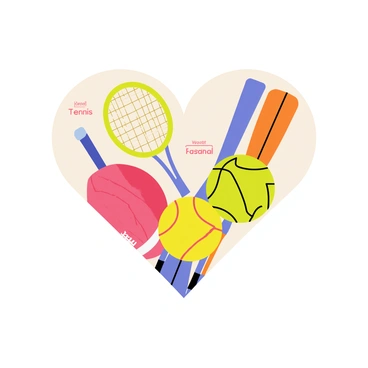A heart shape created from various sports equipment items. The heart is filled with a collection of items such as a football, tennis racket, basketball, baseball bat, and soccer ball. Each piece of equipment has a small label next to it, indicating the specific physical activity it represents, such as "Football," "Tennis," "Basketball," "Baseball," and "Soccer." The colors of the equipment are vibrant and eye-catching, enhancing the overall visual appeal of the heart shape.