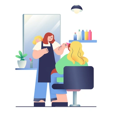 A hairstylist with shoulder-length brown hair and wearing a black apron is using a blow dryer to style the hair of a client seated in a salon chair. The client has long, wavy blonde hair and is looking at their reflection in a large wall mirror. The salon is decorated with modern furnishings, including a sleek black styling station and a plant in a white pot. Various hair products are neatly arranged on a shelf beside the stylist. Bright overhead lights illuminate the space, creating a vibrant atmosphere.