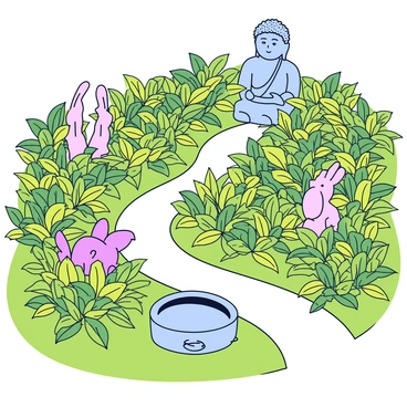 A serene tea garden featuring beautiful sculptures hidden among the tea plants.