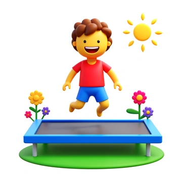 A joyful child with curly brown hair wearing a bright red t-shirt and blue shorts is jumping on a rectangular backyard trampoline. The child has a big smile on their face, clearly enjoying the moment. Green grass surrounds the trampoline, and there are colorful flowers blooming nearby. The sun is shining down, creating playful shadows on the trampoline's surface.
