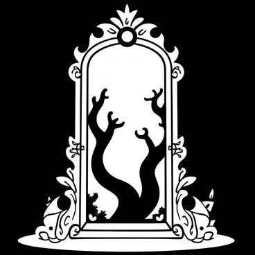 A tall, ornate mirror stands in the center of a dimly lit room. The frame is intricately carved with floral patterns and twisting vines. The surface of the mirror reflects a distorted and eerie landscape, featuring twisted trees and an endless fog. Shadows loom behind the mirror, giving a sense of depth to the alternate world. The edges of the mirror are adorned with flickering candlelight, casting delicate patterns on the wall nearby. A dust-covered floor surrounds the mirror, enhancing the mysterious atmosphere.